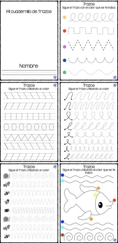 Seis fichas de práctica de calco en español para niños. Incluyen líneas punteadas, formas y un pez para calcar, con instrucciones para usar colores específicos para cada línea o patrón. Incluyen espacios para un nombre y puntos de colores.